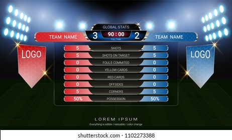 Soccer football scoreboard team A vs team B, Global stats broadcast graphic template with flag, For your presentation of the match results (EPS10 vector fully editable, resizable and color change)