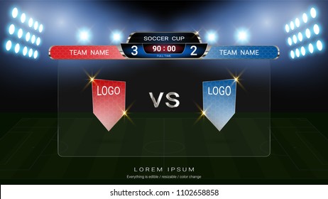 Soccer football scoreboard team A vs team B, Global stats broadcast graphic template with flag, For your presentation of the match results (EPS10 vector fully editable, resizable and color change)