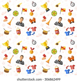 Soccer and Football Seamless Pattern with Flat Icon Set for Flyer, Poster, Web Site like Referee, Ball and Trophy.