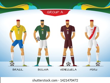 Soccer or football south america team uniform a group A. players with team shirts flags. vector illustration.