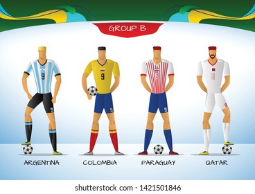 Soccer or football south america team uniform a group B. players with team shirts flags. vector illustration.