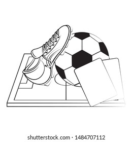 Soccer football sport game ball and boot with referee card on playfield vector illustration graphic design
