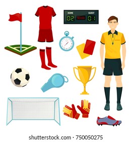 Soccer or football sport icons. Vector isolated set of soccer ball, goal gates and football player uniform and referee whistle and goalkeeper gloves, champion or winner golden cup and score stopwatch