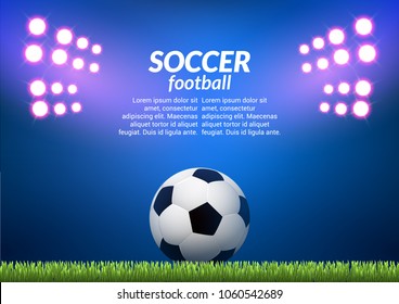 Soccer football stadium backgorund. Vector football ball on green field, sport illustration.