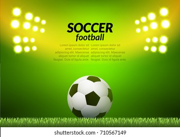 Soccer football stadium backgorund. Vector ball on green field, sport illustration.