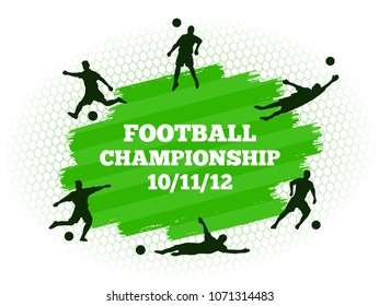 Soccer football stadium field with player silhouettes set on green grass flat background. Poster template illustration. Championship cup modern isolated vector design concept.
