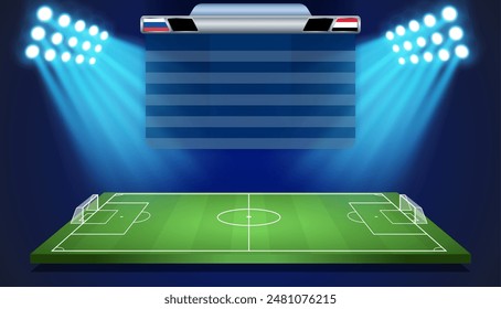 Soccer football stadium field with scoreboard vector illustration.