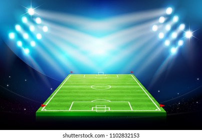 Soccer football stadium greeen grass field with spot light at night time vector illustration