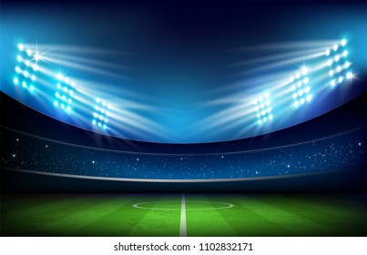 Soccer football stadium greeen grass field with spot light at night time vector illustration