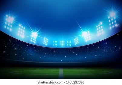 Soccer football stadium greeen grass field with spot light at night time vector illustration
