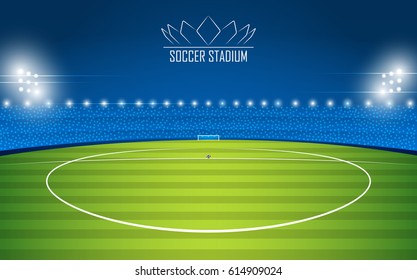 Soccer or Football stadium at night with lights. Sport filed in nocturnal view. Vector Illustration.