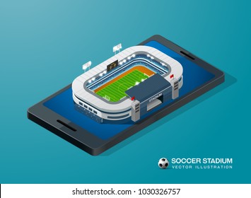 soccer football stadium on smart phone isometric vector illustration