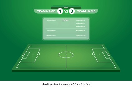 Soccer football stadium scoreboard.  Football tournament information board template with sports field. Vector illustration