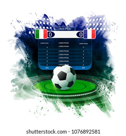 Soccer football stadium spotlight and scoreboard background with light 