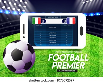 Soccer football stadium spotlight and scoreboard background with light 