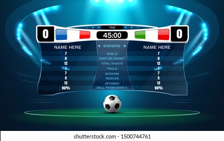 soccer football stadium spotlight and scoreboard background with glitter light vector illustration