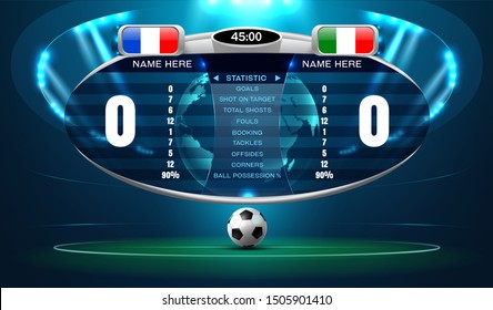 soccer football stadium spotlight and scoreboard background with glitter light vector illustration