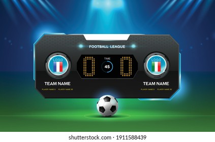 soccer football stadium spotlight and scoreboard background with glitter light vector illustration