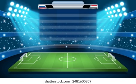 soccer football stadium spotlight and scoreboard background with glitter light