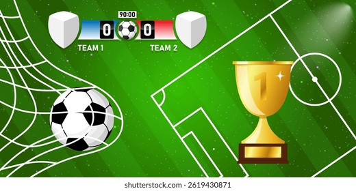 soccer football stadium trophy spotlight and scoreboard background with glitter light vector illustration