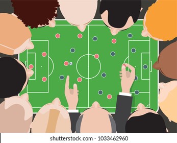 Soccer / Football Tactic Table. Coach With Team Players Top View. Heads Around Table. Tactical Scheme Of Game. Vector Illustration. 