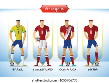 Soccer or football team 2018 uniform a group E. players with team shirts flags. vector illustration.