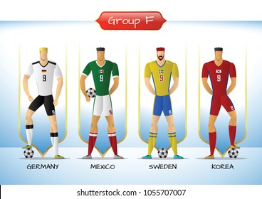 Soccer or football team 2018 uniform a group F. players with team shirts flags. vector illustration.