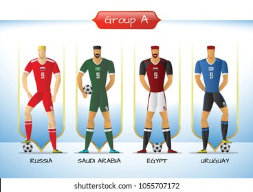 Soccer or football team 2018 uniform a group A. players with team shirts flags. vector illustration.