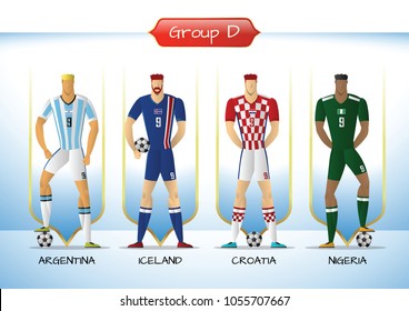 Soccer or football team 2018 uniform a group D. players with team shirts flags. vector illustration.