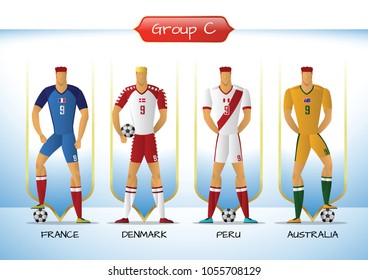 Soccer or football team 2018 uniform a group C. players with team shirts flags. vector illustration.