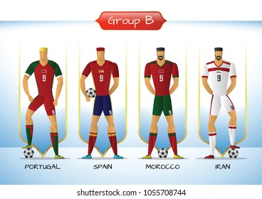 Soccer or football team 2018 uniform a group B. players with team shirts flags. vector illustration.