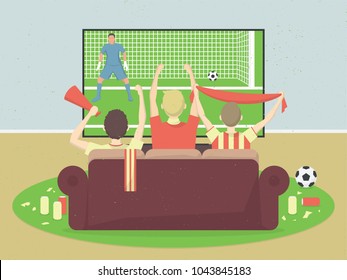 Soccer / Football Team Fans Watch TV With Game, Sitting On the Couch. Celebrating Goal Scored. Sport Vector Illustration