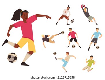 Soccer or football team players characters set, cartoon flat vector illustration isolated on white background. Sportsmen of soccer or football sport club.