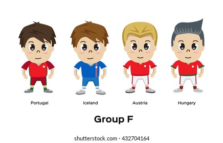 Soccer / Football team players. Group F - Portugal, Iceland, Austria, Hungary. Vector illustration.