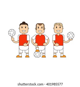 Soccer Football team players. Vector flat illustration of a football player posing with the ball.