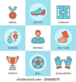 Soccer and Football Thin Lines Color Web Icon Set with Flat Elements for Flyer, Poster like Referee, Ball and Trophy.