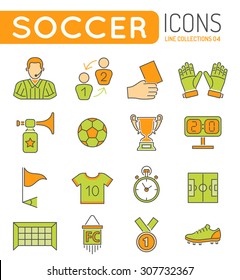 Soccer and Football Thin Lines Color Web Icon Set with Flat Elements for Flyer, Poster like Referee, Ball and Trophy.