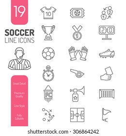 Soccer and Football Thin Lines Icon Set for Flyer, Poster, Web Site Like Referee, Goal, Ball and Trophy