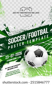 Soccer or football tournament poster template with ball in net, grungy abstract background, place for your photo and sample text in separate layer - vector illustration