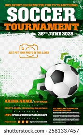 Soccer or football tournament poster template with ball, grungy elements and place for your photo - vector illustration