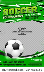 Soccer or football tournament poster template with ball, grungy and halftone elements and place for your photo - vector illustration