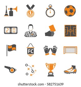 Soccer and Football two color Icons Set with Referee, Ball, stadium and Trophy. isolated vector illustration