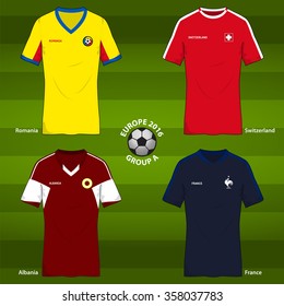 Soccer or Football uniform template for European football tournament 2016. Group A :  Romania, Switzerland, Albania, France. Vector Illustration