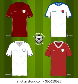 Soccer or Football uniform template for European football tournament 2016. Group B : England, Wales, Russia, Slovakia. Vector Illustration.