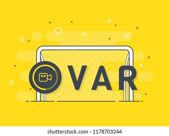 Soccer / football VAR System and replay kick on the gate. Video Assistant Referee. Trendy flat vector on yellow background.
