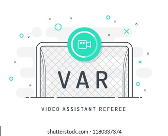Soccer / football VAR System and replay kick on the gate. Video Assistant Referee. Trendy flat vector on white background.