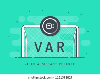 Soccer / Football VAR System And Replay Kick On The Gate. Video Assistant Referee. Trendy Flat Vector On Green Background.