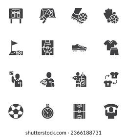 Soccer or Football vector icons set, modern solid symbol collection, filled style pictogram pack. Signs, logo illustration. Set includes icons as game tactics, referee, soccer ball, goalkeeper player