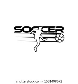 Soccer or football vector illustration. Sport Logo with soccer text and soccer player figure isolated on white background. Vector design template for soccer championship or competition design element.