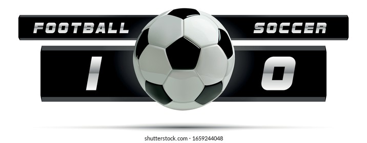 Soccer or Football White Banner With 3d Ball and Scoreboard on white background. Soccer game match goal moment with ball in the net.